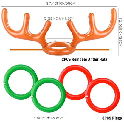 2 Set Inflatable Reindeer Antler Ring Toss Game for Christmas, with 2 Antlers and 8 Rings, Indoor Outdor Game Hats Family Christmas for Teens Adults, Fun Xmas Gifts