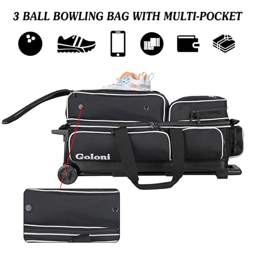 Goloni 3 Ball Bowling Bags with Wheels - Rolling Bowling Bag for 3 Balls & Accessories - Retractable Handle Extends to 38 - color: White