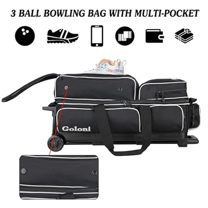 Goloni 3 Ball Bowling Bags with Wheels - Rolling Bowling Bag for 3 Balls & Accessories - Retractable Handle Extends to 38 - color: White