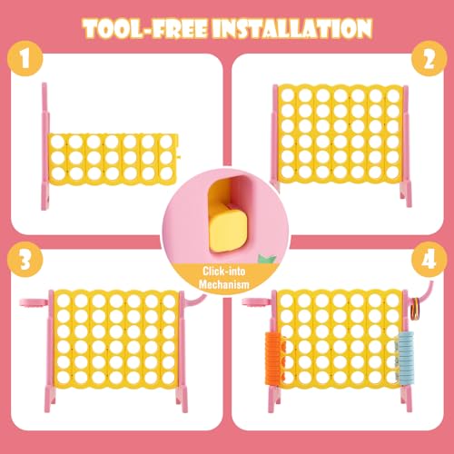 KOTEK Giant 4-in-a-Row Game, Jumbo 4-to-Score Family Game w/Quick-Release Sliders, 42 Rings, Ring Toss & Basketball Hoop, Connect Yard Games Outdoor for Kids & Adults (with Carrying Bag,Pink)