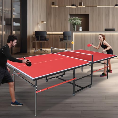 8ft Foldable Ping Pong Table Set, Mid-Size Portable Table Tennis Table with Net, Paddles & Balls, Indoor Outdoor Game Table for Home, Office, and Playroom,Red