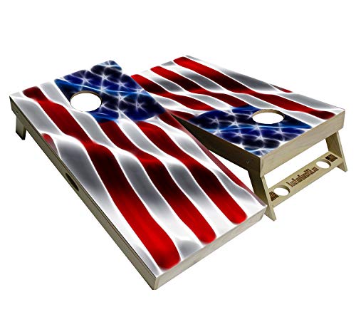 American Flag Series - Premium Cornhole Boards w Cupholders and a Handle - Includes 2 Regulation 4' x 2' Cornhole Boards w Premium Birch Plywood and 8 Cornhole Bags - color: Wavy Flag
