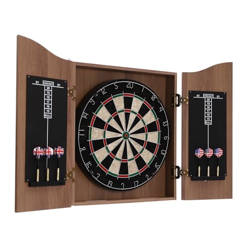 Dartboard Cabinet Set - Self Healing Sisal - Modern Style Printing Treatments- Features Easy Assembly - Includes Six Darts, Scoreboard