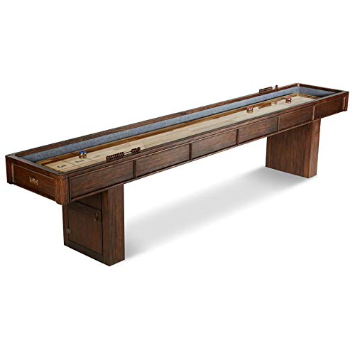 Barrington 12ft Webster Shuffleboard Table, Solid Wood, Storage Cabinets | 12ft rustic shuffleboard table with 1.75" solid wood poly-coated playfield, storage cabinets, 8 pucks & speed powder