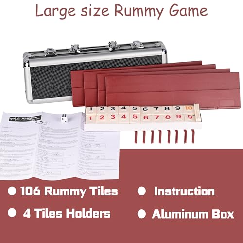 Doublefan Rummy Cube 4 Player Edition, 106 Rummy Cube Game Set with with 4 Plastic Racks in Portable Aluminum Case, Classic Board Game for Adults and