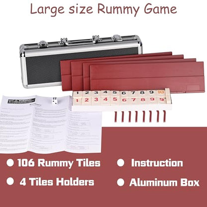 Doublefan Rummy Cube 4 Player Edition, 106 Rummy Cube Game Set with with 4 Plastic Racks in Portable Aluminum Case, Classic Board Game for Adults and