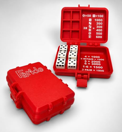 Farkle Travel Dice Game with Carrying Case, Portable Family Game with Score Chart, Black Case with Real White Dice. Made in The USA. (Red) - color: Red
