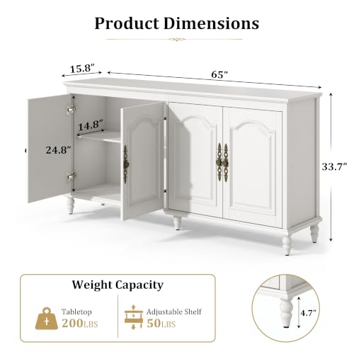 Hlivelood 65" Buffet Cabinet with Storage, Mid Century Modern Sideboard with Adjustable Shelves, Paint Cabinet, Wood Carving Design, Brass Carved Handles & Solid Wood Gourd Legs, Pearl White - color: Pearl White