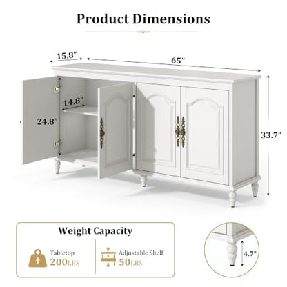 Hlivelood 65" Buffet Cabinet with Storage, Mid Century Modern Sideboard with Adjustable Shelves, Paint Cabinet, Wood Carving Design, Brass Carved Handles & Solid Wood Gourd Legs, Pearl White - color: Pearl White