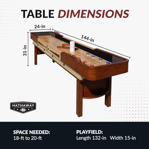 Hathaway Merlot 12 Foot Shuffleboard Table for Family Game Room - with Lacquer Coated Playfield, Built-in Scorer and Cabinet, Climate Adjusters, Leg Levelers, 8 Pucks, Brush, and Wax - Walnut Finish