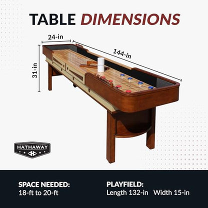 Hathaway Merlot 12 Foot Shuffleboard Table for Family Game Room - with Lacquer Coated Playfield, Built-in Scorer and Cabinet, Climate Adjusters, Leg Levelers, 8 Pucks, Brush, and Wax - Walnut Finish