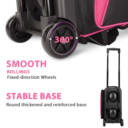Goloni 3 Ball Bowling Bag with Wheels, 2+1 Double Roller Bowling Bag with Shoe Compartment,Tote Bag for Bowling Accessories - color: 2 Ball-Pink