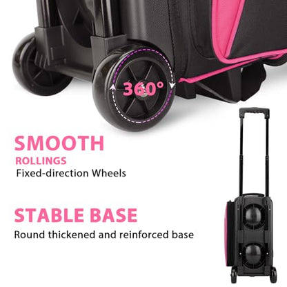 Goloni 3 Ball Bowling Bag with Wheels, 2+1 Double Roller Bowling Bag with Shoe Compartment,Tote Bag for Bowling Accessories - color: 2 Ball-Pink