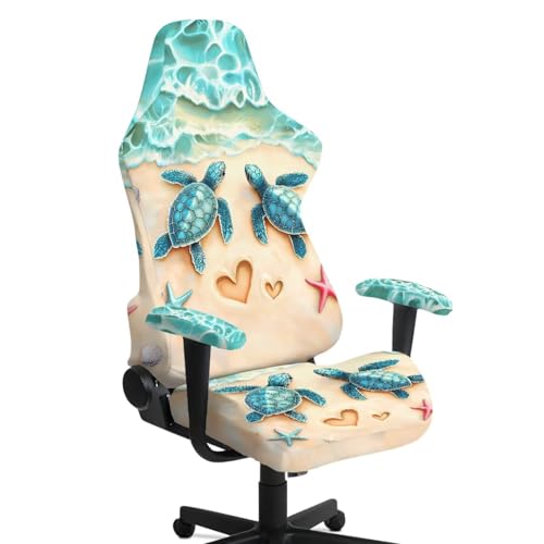Sea Turtle Print Gaming Chair Covers with Armrest Covers Dust-Proof Universal Fit Gamer Desk Chair Cover for Ergonomic Game Rotating Office Chairs, Easy to Install - color: Brown and Blue - Sea Turtle