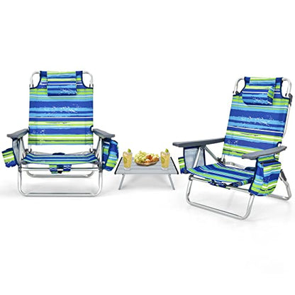 Tangkula Backpack Beach Chair with Table, 5-Position Lay Flat Beach Chairs with Cooler Bag, 2 Cup Holders, Towel Bar, Lightweight Low Folding Beach Chair with Backpack Straps - color: Blue, style: 2 Pack with Table