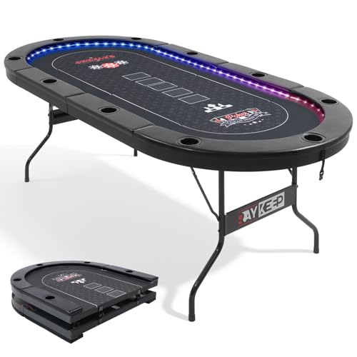 RAYKEEP LED Foldable Poker Table, 10 Players Folding Texas Holdem Blackjack Casino Table w/Inlaid 3-Color LED Light, Padded Rails & Cup Holders, Portable Card Game Table for Home Game Room & Parties - color: 84" Led