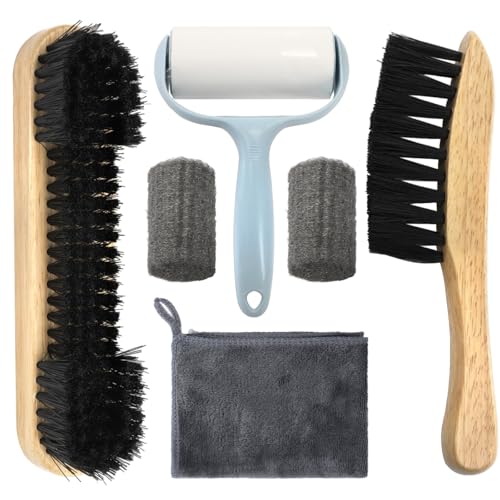 Covzoe 6 Piece Pool Table and Rail Brush Set, Billiard Felt Cleaner Kit with 2 Wooden Brushes, Cue Cleaning Cloth, Sticky Lint Roller and 2 Ferrule Polish Cloth for Cue Table Accessories
