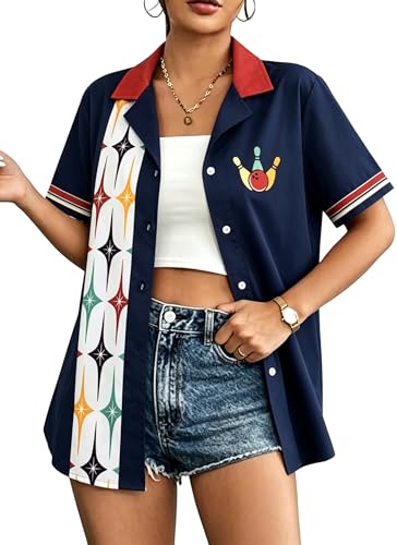 Bowling Shirts Women Hawaiian Bowling Shirt Bowling Lover Gift Tops Bowler Button Down Short Sleeve Tee - color: Blue-p, size: X-Large