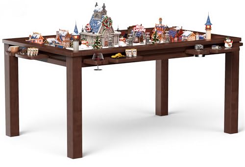 Convertible Board Game Table for 4-6 Players, Spacious Gaming Space w/Clean-Edge Table Top, Non-Slip Play Mat, Cup Holder & Game Tray, Dining Table w/Storage for DND, Poker Card, Family Dinner