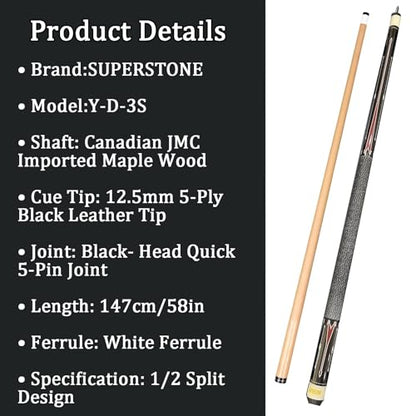 SUPERDIAMOND Pool Cue Stick Set Billiard Cue Sticks with Hard Case, 2-Pieces 58" Pool Table Sticks, 12.5 mm Tip Pool Queue,Pool Stick Set for Home Recreation, Billiards Clubs, Training - style: Billiard Cue Sticks-YMX-Y-D-3S
