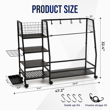 Golf Bag Storage Rack, Heavy Duty Golf Organizer with 4 Storage Zones & Lockable Wheels, Multi-Function Golf Bag Stand for Garage Basement Golf Club