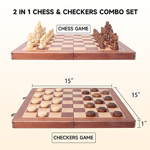 GSE Games & Sports Expert 15" Large Wooden Folding 2-in-1 Chess and Checkers Board Game Combo Set, Portable Travel Board Games Chess Checker Set