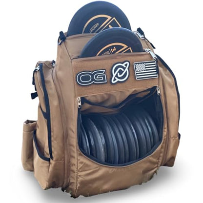 Discology Disc Golf OG V3 Disc Golf Bag | 26+ Disc Capacity | Premium Disc Golf Backpack Bag | Tough, Durable Design | 2 Large Top and Side Compartments | Top Patch Panel with Three Patchs Included