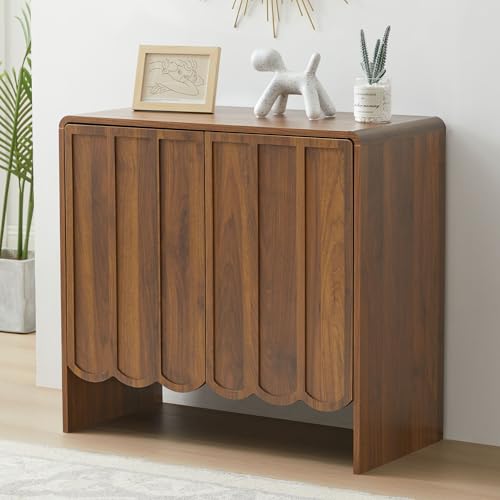ORRD Sideboard Buffet Cabinet, Accent Storage Cabinets with 2 Doors, Farmhouse Wood Cabinet with Adjustable Shelves and Wave Panel for Living Room, Dining Room, Entry - Walnut - color: 2 Doors Walnut