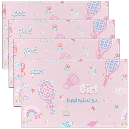 Badminton Placemats Set of 4,Girl Badminton Lover Table Mats,Pink Bowknot Rainbow Flower Placemat for Kitchen Dining Table Ball Sport Theme Dining Table Decor,18"x12" - color: Pink Badminton