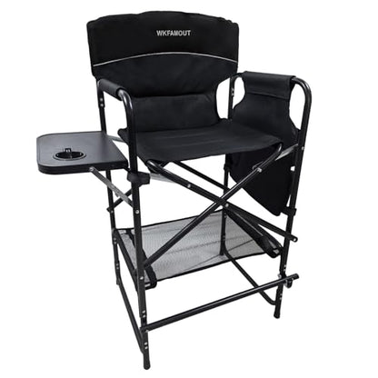 Tall Folding Director Chair 30.7" Seat Height Foldable Bar Stool for Makeup Artist Face Painting with Side Table Carry Bag and Cosmetic Bag Supports 350LBS - color: Black-padded