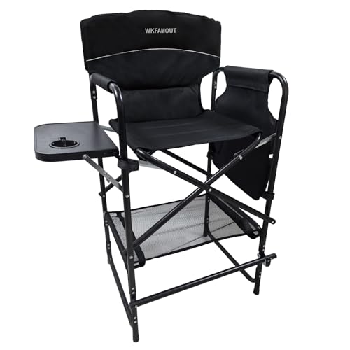 Tall Folding Director Chair 30.7" Seat Height Foldable Bar Stool for Makeup Artist Face Painting with Side Table Carry Bag and Cosmetic Bag Supports 350LBS - color: Black-padded