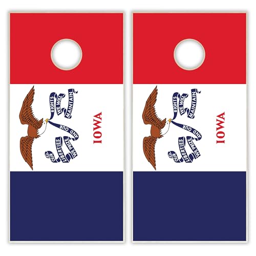 State Flag Solid Wood Regulation Cornhole Set 4 Feet x 2 Feet Includes Set of 8 Bags and Carrying Case with Optional LED Lights and Lamination - style: Iowa