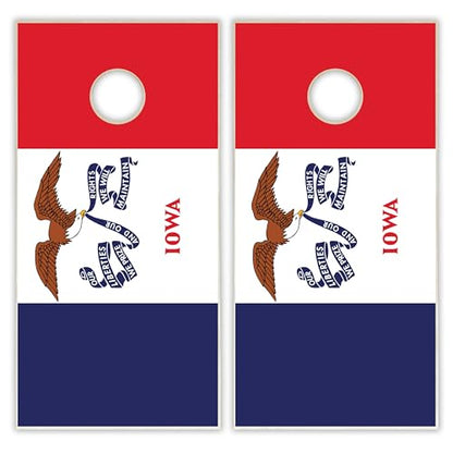 State Flag Solid Wood Regulation Cornhole Set 4 Feet x 2 Feet Includes Set of 8 Bags and Carrying Case with Optional LED Lights and Lamination - style: Iowa