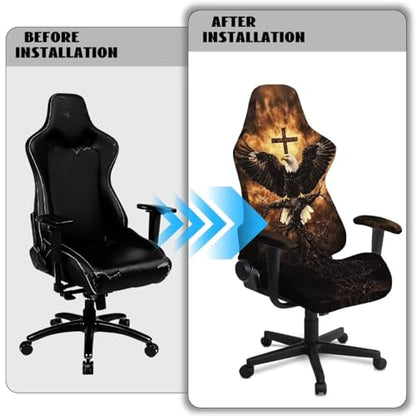 Printed Gaming Chair Slipcover, Scratch-Proof Game Chair Cover with Arms Cover, Stretchable Office Computer Desk Armchair Dustproof Slipcover Protector, Eagle Cross Wood Print - color: Eagle Cross Wood Print
