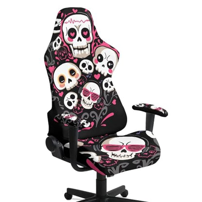 Skull Print Gaming Chair Covers with Armrest Covers Dust-Proof Universal Fit Gamer Desk Chair Cover for Ergonomic Game Rotating Office Chairs, Easy to Install - color: Black and White - Skull