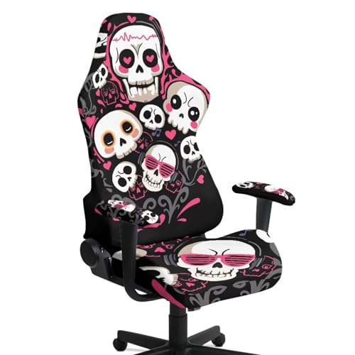 Skull Print Gaming Chair Covers with Armrest Covers Dust-Proof Universal Fit Gamer Desk Chair Cover for Ergonomic Game Rotating Office Chairs, Easy to Install - color: Black and White - Skull