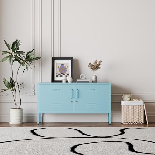 Blue Metal Accent Cabinet Locker with Lock, 2-Door Wide Storage Cabinet, Adjustable Shelves, Multifunctional TV Stand & Entertainment Center for Bedroom, Living Room - color: Ocean, style: TV stand-24"H-LK