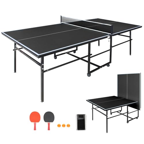 KEIKI Foldable 8FT/8.5FT/9FT Ping Pong Table Set, Portable Indoor Table Tennis Table with 0.2'' Durable MDF Top, Quick Game Mesa de Ping Pong para Adultos with Net, 2 Paddles & 3 Balls - color: Black, size: 8.5FT×4.3FT