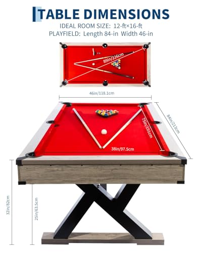 7 FT Professional Billiard Table for Home & Game Room, K-Leg Pool Table with Complete Accessories Set (2 Cues, 16 Balls, 2 Chalks, Triangle, Brush), Rustic Grey Finish, 84 x 46 x 32 Inch - color: red