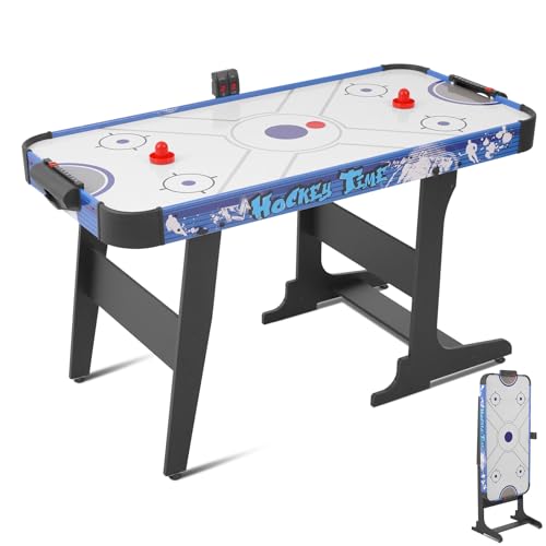 RAYKEEP 58“ Air Hockey Table, Indoor Hockey Game Table for Adults and Kids, Arcade Gaming Sets w/2 Pucks, 2 Pushers, Digital LED Scoreboard, Powerful 12V Motor for Game Room, Home - color: Blue-Foldable