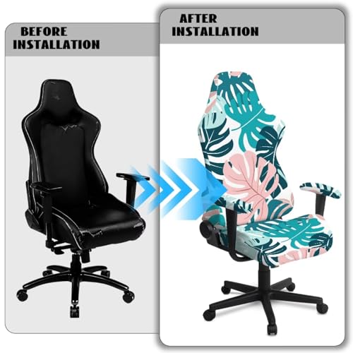 Monstera Print Gaming Chair Covers Slipcovers Skin Friendly Breathable Elastic Computer Desk Chair Cover with Armrest Covers for Ergonomic Game Rotating Office Chairs - color: Green and Pink - Monstera