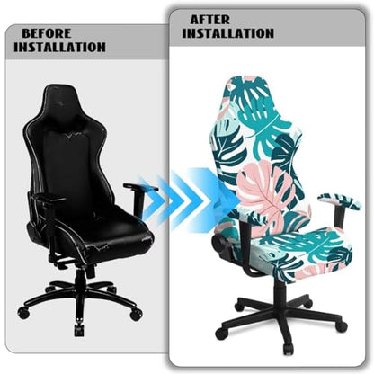 Monstera Print Gaming Chair Covers Slipcovers Skin Friendly Breathable Elastic Computer Desk Chair Cover with Armrest Covers for Ergonomic Game Rotating Office Chairs - color: Green and Pink - Monstera