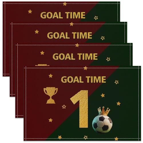 Soccer Match Kids Placemats Set of 4,Number 1 Football Lover Fans Table Place Mats,Ball Sport Game Geometric Honeycomb Kitchen Decor,Red Green Placemat Kitchen Table Decoration 12"x18" - color: Red Green