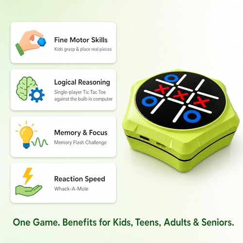 5-in-1 Electronic Tic Tac Toe Game for Kids - Rechargeable & Silent | Handheld Brain Teaser with Physical Board & Storage, Screen Free Travel Game for Car Ride Airplane, Gift for Teens Adults