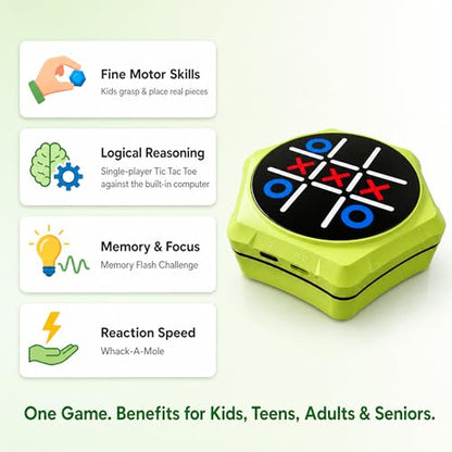 5-in-1 Electronic Tic Tac Toe Game for Kids - Rechargeable & Silent | Handheld Brain Teaser with Physical Board & Storage, Screen Free Travel Game for Car Ride Airplane, Gift for Teens Adults