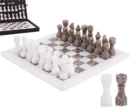 Marble Chess Set 12" Inches White and Oceanic with Storage Box and 2 Extra Queen Handmade Luxury Board Games for Adults, Ideal Chess Board Game & Marble Chess Set for Adults - color: White & Oceanic