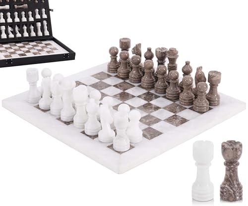Marble Chess Set 12" Inches White and Oceanic with Storage Box and 2 Extra Queen Handmade Luxury Board Games for Adults, Ideal Chess Board Game & Marble Chess Set for Adults - color: White & Oceanic