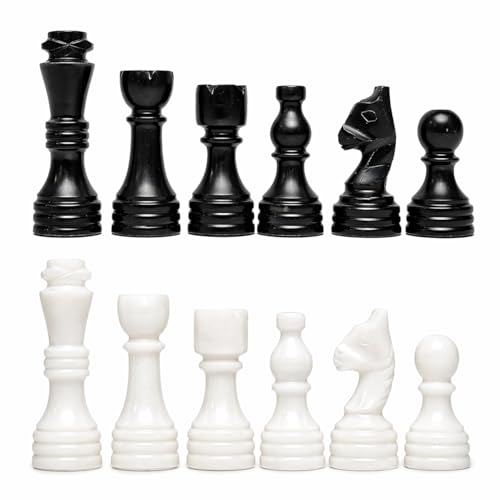 Handcrafted Premium Marble Chess Pieces Set Elegant 32-Piece Replacement for 12-15 Inch Chess Boards with Storage Box (Black and White) - color: Black and White