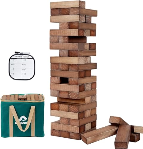 ApudArmis 60 PCS Giant Tumble Tower Stack to 5Ft, Pine Wooden Stacking Timber Game with 1 Dice Set - Classic Block Giant Outdoor Game for Adults Family (Brown) - color: Brown, size: L-Stack to 5 FT