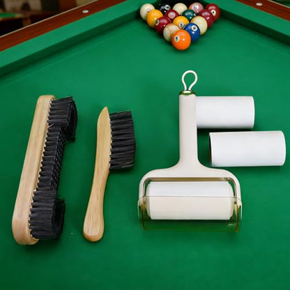 Billiard Pool Table Brush Cleaning Kit, Pool Table Brush Accessories 3 Set. | Includes 9-In Nylon Bristle Brush, Rail Brush, Sticky Lint Roller. Soft Bristles, Wood Handle, Billiards&Snooker Accessories